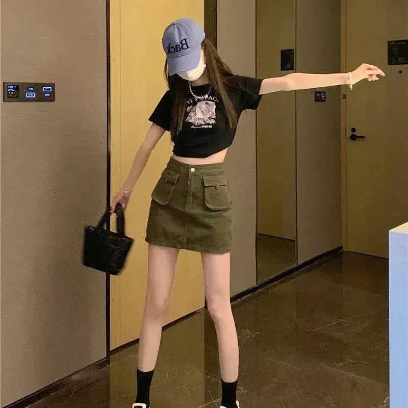 Workwear Denim Skirt Women's A- Line High Waist Mini Cargo Skirt
