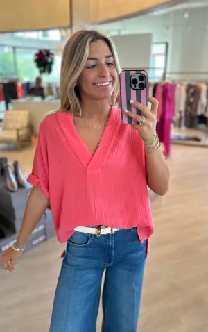 Xix5chg004 Coral Gauze Popover Top