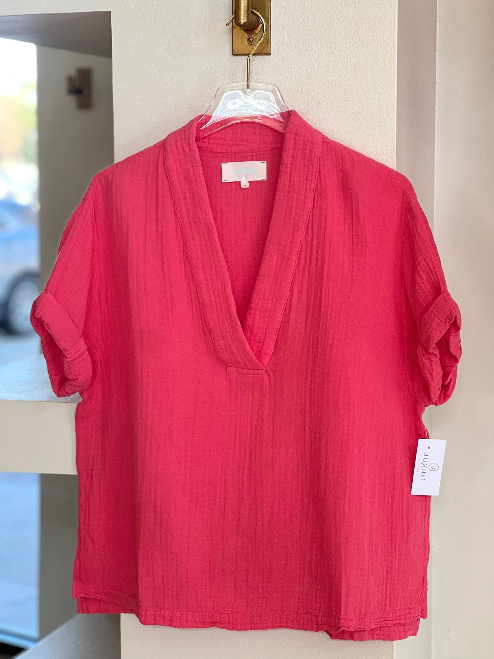 Xix5chg004 Coral Gauze Popover Top