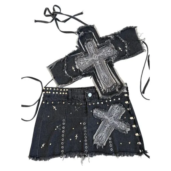 Y2K Style Unholy Cross Denim Embellished Distressed Matching Set XS/S Dark Gray
