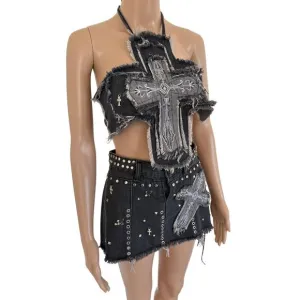 Y2K Style Unholy Cross Denim Embellished Distressed Matching Set XS/S Dark Gray