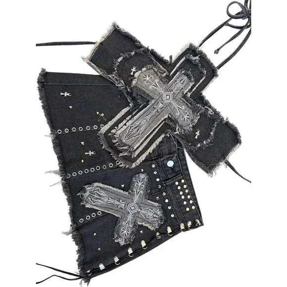 Y2K Style Unholy Cross Denim Embellished Distressed Matching Set XS/S Dark Gray