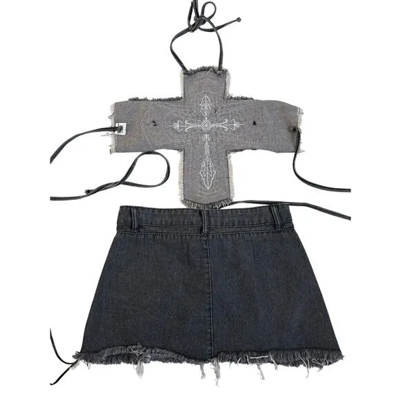Y2K Style Unholy Cross Denim Embellished Distressed Matching Set XS/S Dark Gray