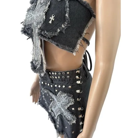 Y2K Style Unholy Cross Denim Embellished Distressed Matching Set XS/S Dark Gray