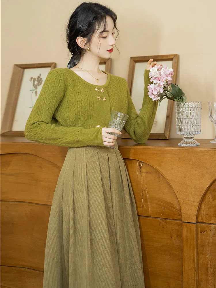 Yellow-green knitted sweater and corduroy skirt
