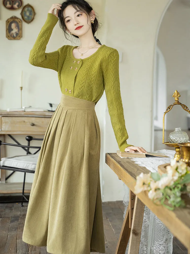 Yellow-green knitted sweater and corduroy skirt