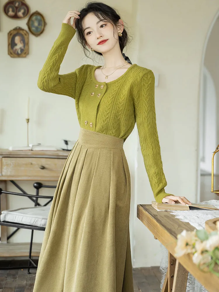Yellow-green knitted sweater and corduroy skirt