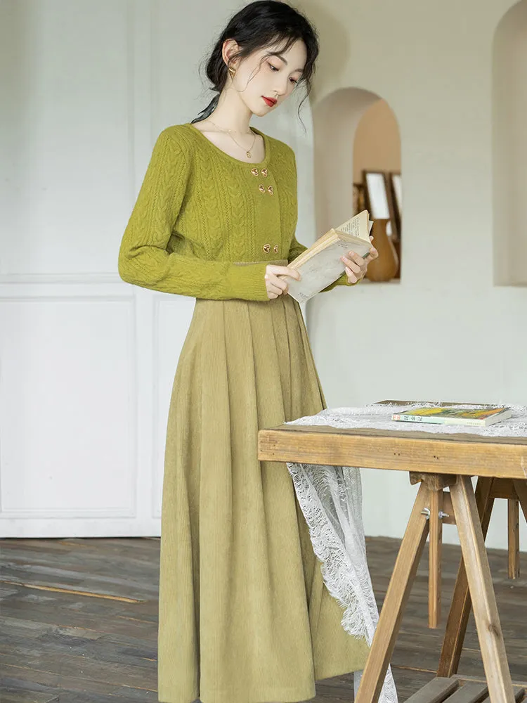 Yellow-green knitted sweater and corduroy skirt