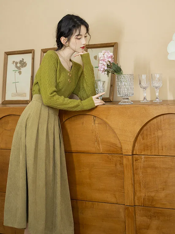 Yellow-green knitted sweater and corduroy skirt