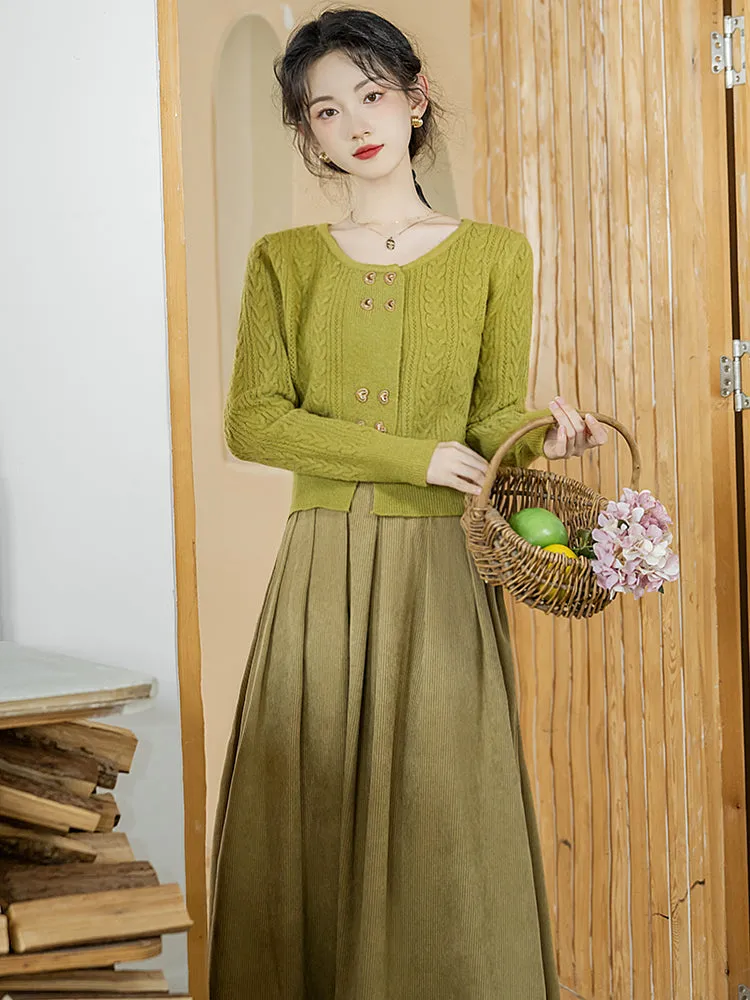 Yellow-green knitted sweater and corduroy skirt