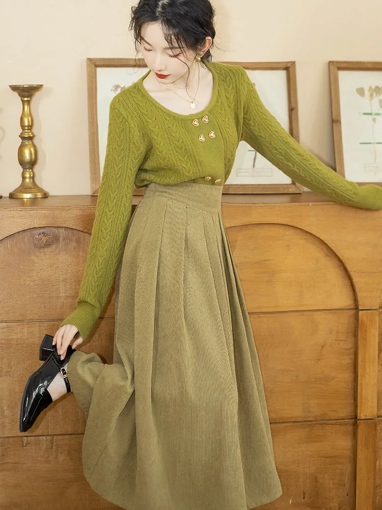 Yellow-green knitted sweater and corduroy skirt