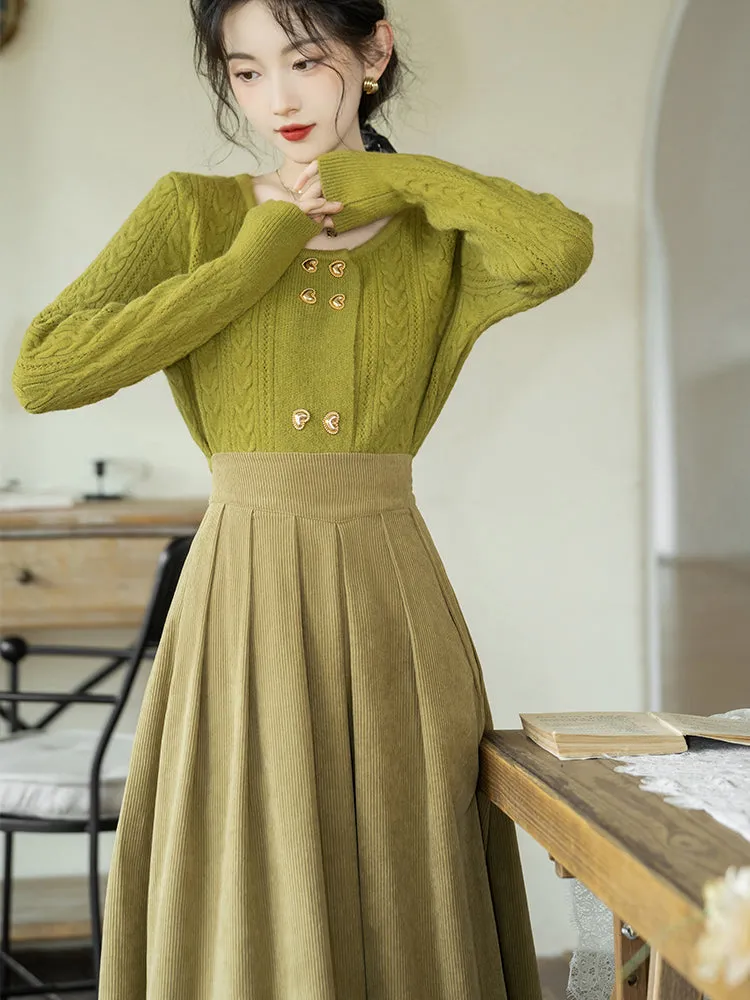 Yellow-green knitted sweater and corduroy skirt