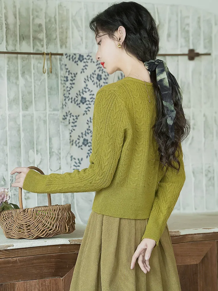 Yellow-green knitted sweater and corduroy skirt