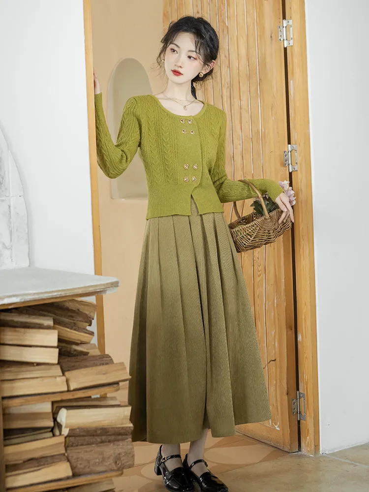 Yellow-green knitted sweater and corduroy skirt