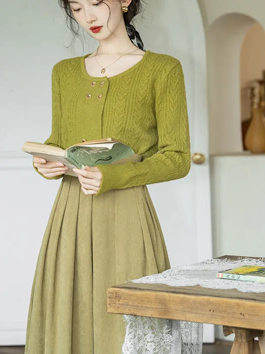Yellow-green knitted sweater and corduroy skirt