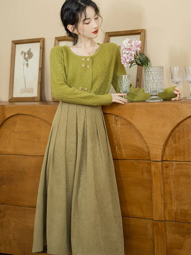 Yellow-green knitted sweater and corduroy skirt