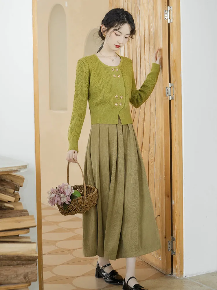 Yellow-green knitted sweater and corduroy skirt