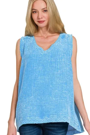 Zenana Double Gauze Raw Edge Acid Washed Tank Top
