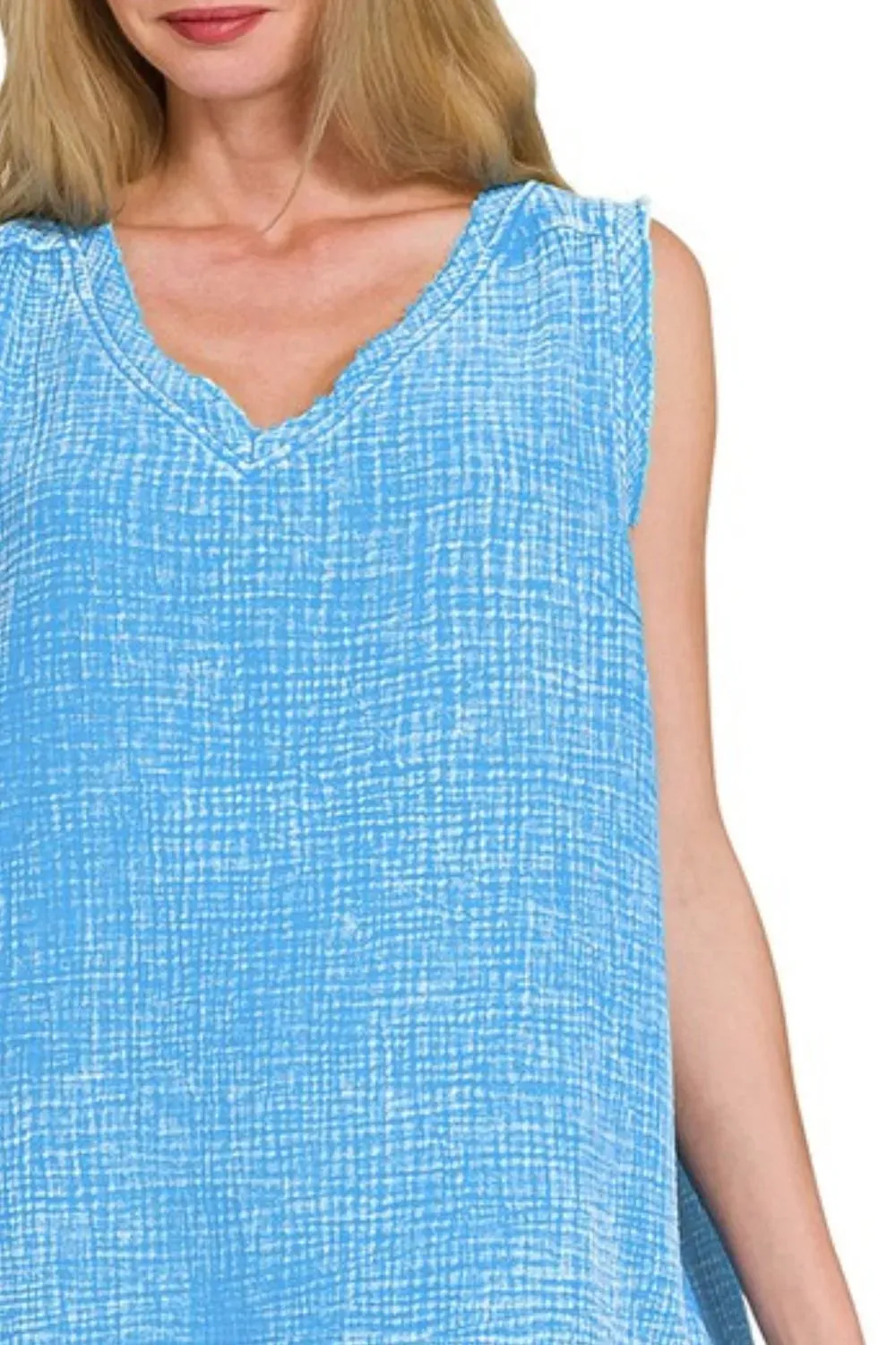 Zenana Double Gauze Raw Edge Acid Washed Tank Top