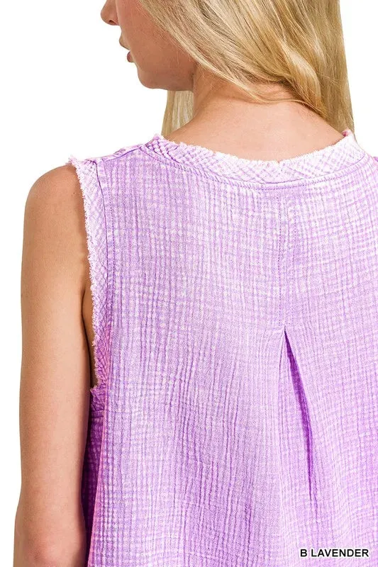 Zenana Double Gauze Raw Edge Acid Washed Tank