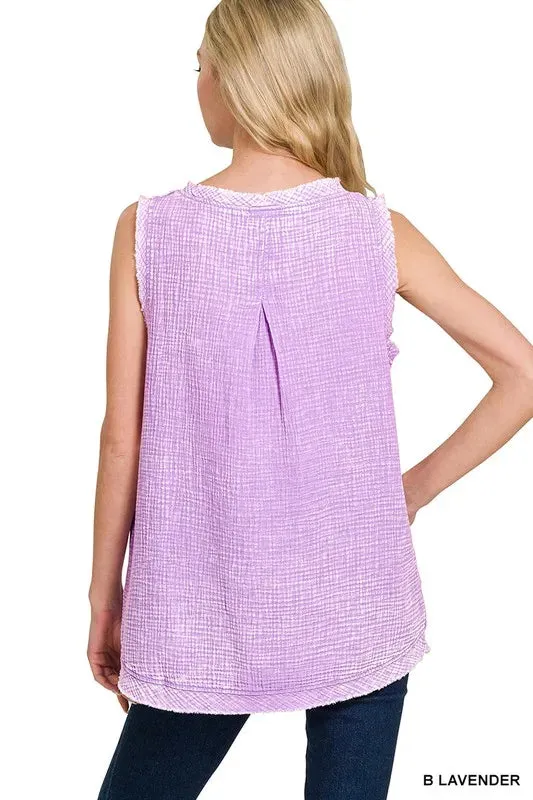 Zenana Double Gauze Raw Edge Acid Washed Tank