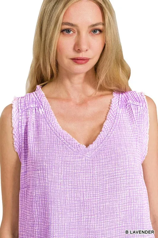Zenana Double Gauze Raw Edge Acid Washed Tank