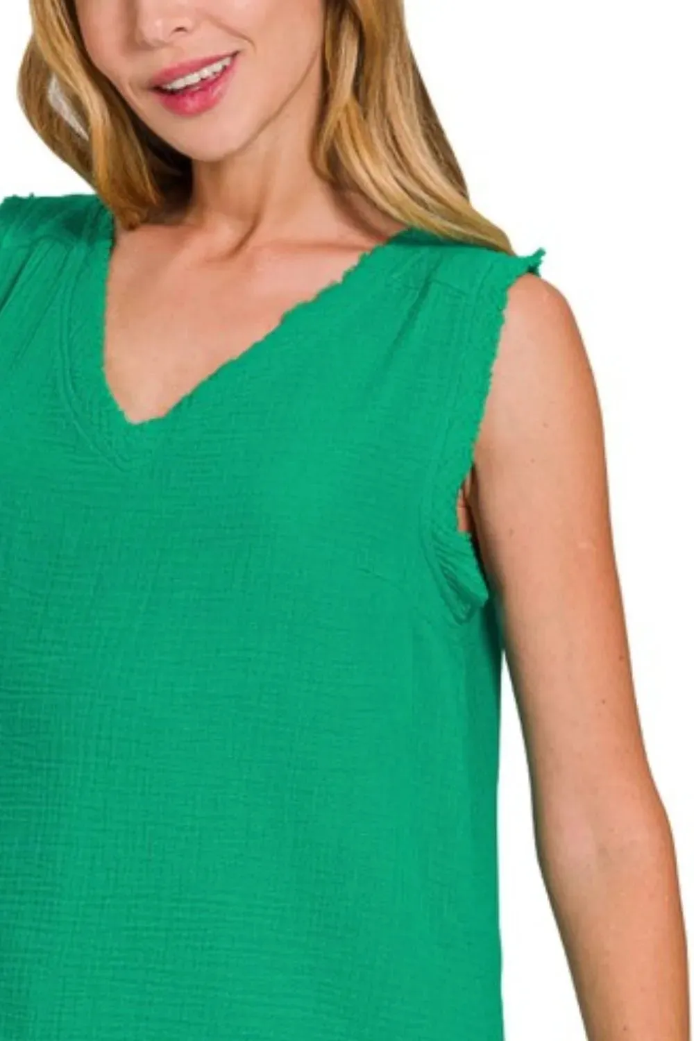 Zenana Double Gauze Raw Edge V-Neck Tank Top for Women
