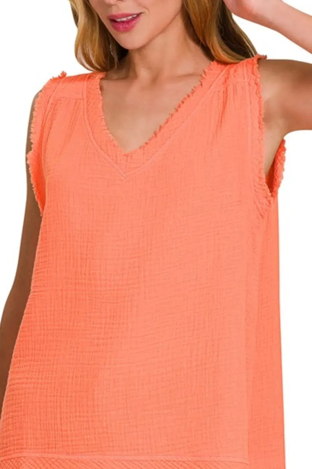 Zenana Double Gauze Raw Edge V-Neck Tank