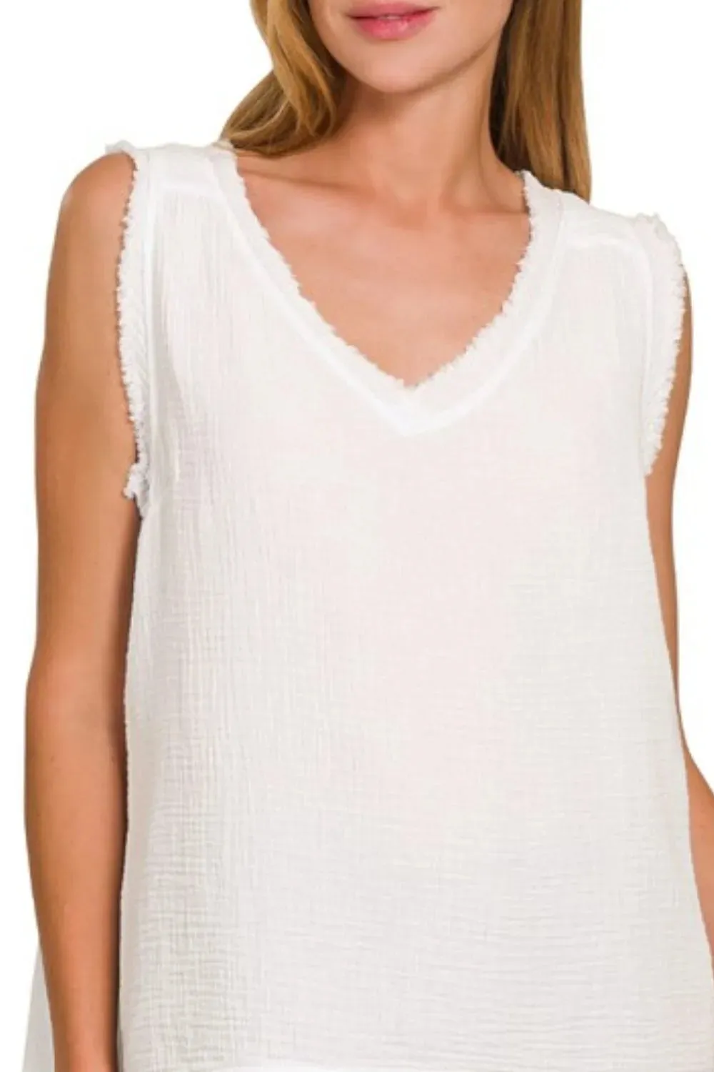 Zenana Double Gauze Raw Edge V-Neck Tank