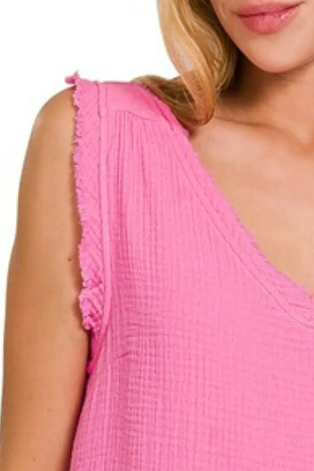 Zenana Double Gauze Raw Edge V-Neck Tank