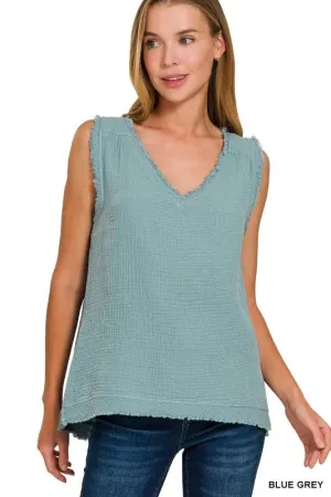 Zenana Double Gauze Raw Edge V-Neck Tank