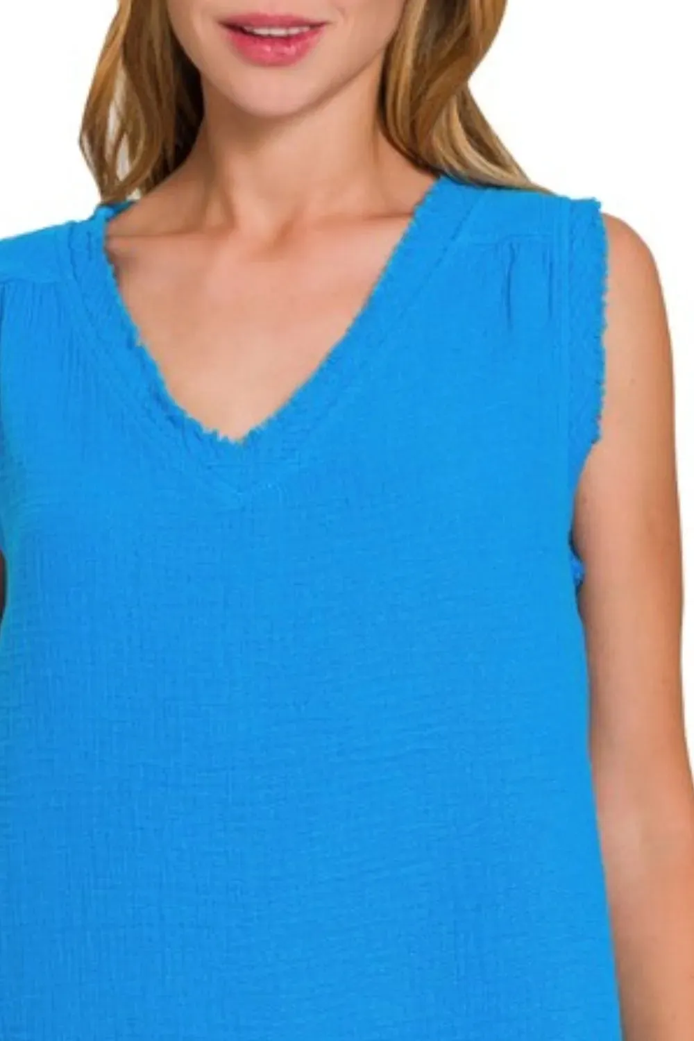 Zenana Double Gauze Raw Edge V-Neck Tank