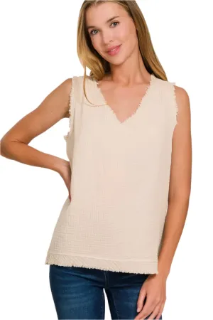 Zenana Double Gauze Raw Edge V-Neck Tank