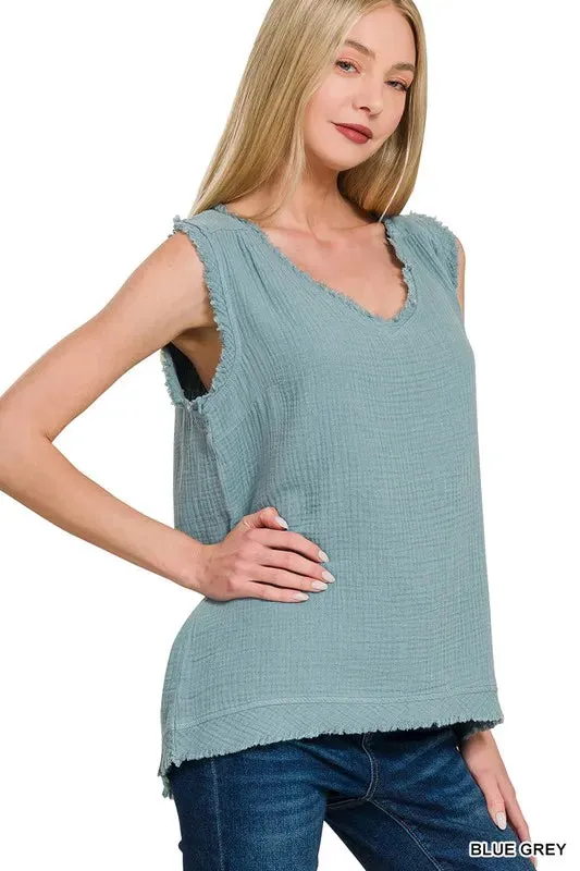 Zenana Double Gauze Raw Edge V-Neck Tank
