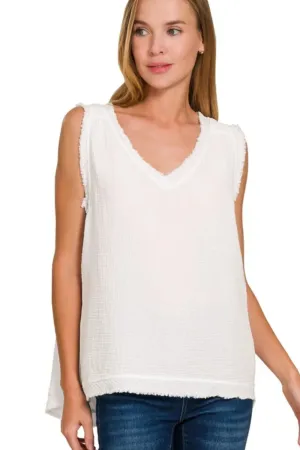 Zenana Double Gauze Raw Edge V-Neck Tank